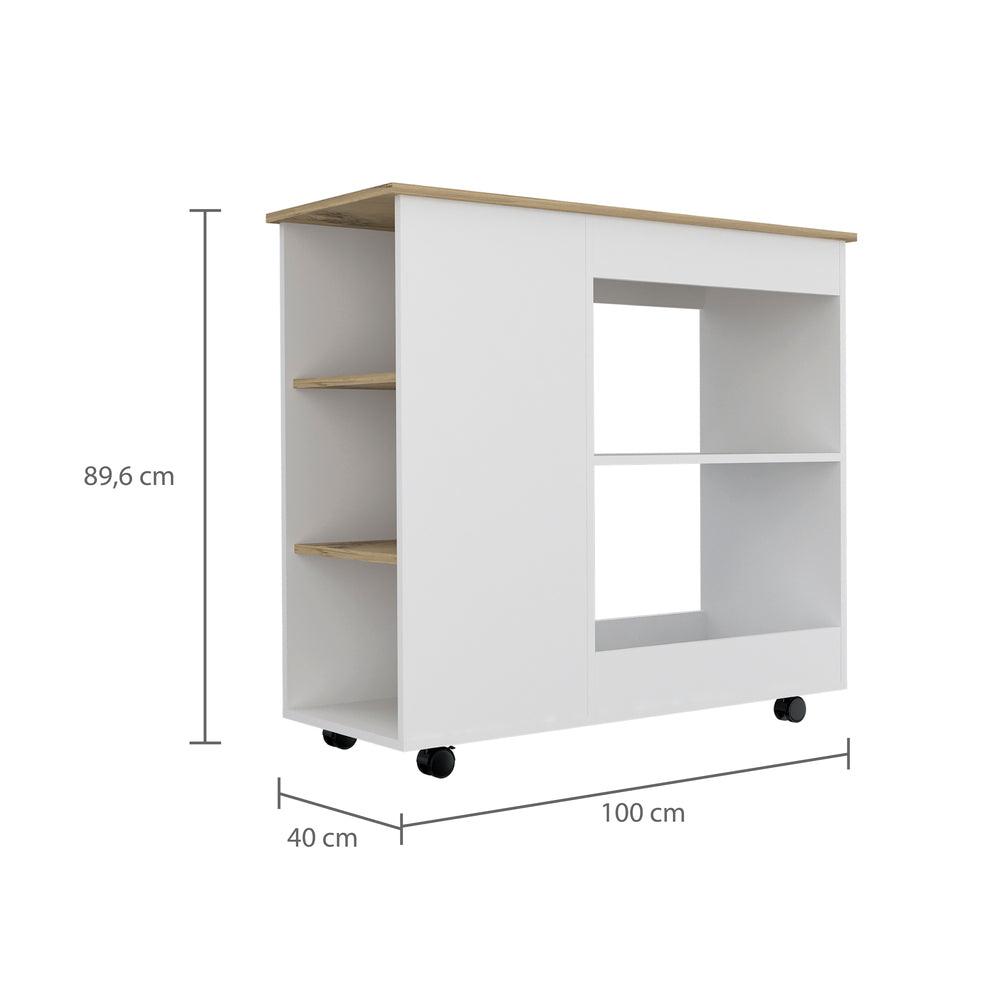 Mesa Auxiliar de Cocina Coralyn, Blanco y Café Claro, con tres entrepaños y rodachines - VIRTUAL MUEBLES