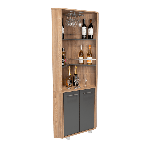 Bar Polinesio, Miel y Plata Oscuro, con Espacio Para Botellas y Copas - VIRTUAL MUEBLES