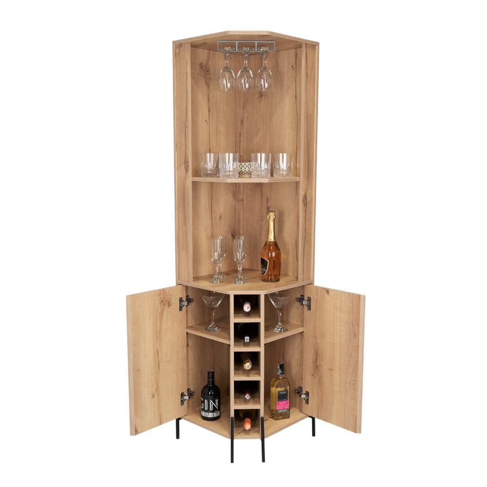 Bar Esquinero Sharon, Café Claro, con Espacio Superior Para Almacenar Copas de Vino - VIRTUAL MUEBLES