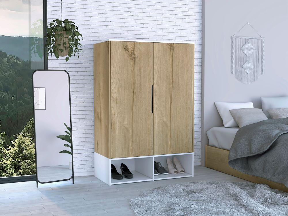 Closet Suey, Café Claro y Blanco, con Dos Puertas y Tubo Metalico Para Colgar Ropa - VIRTUAL MUEBLES