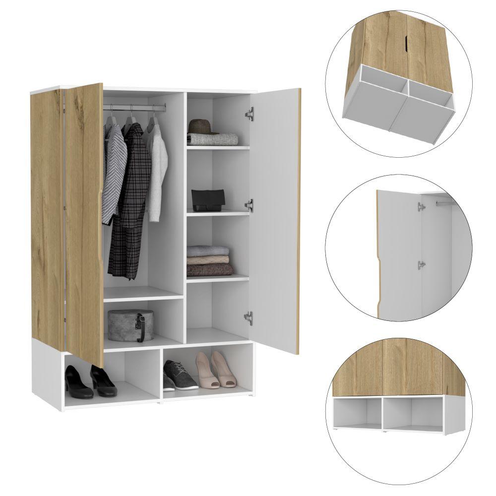 Closet Suey, Café Claro y Blanco, con Dos Puertas y Tubo Metalico Para Colgar Ropa - VIRTUAL MUEBLES