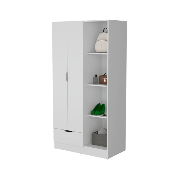 Closet Memphis, Blanco Duqueza, con un tubo cromado y cuatro entrepaños ZF - VIRTUAL MUEBLES