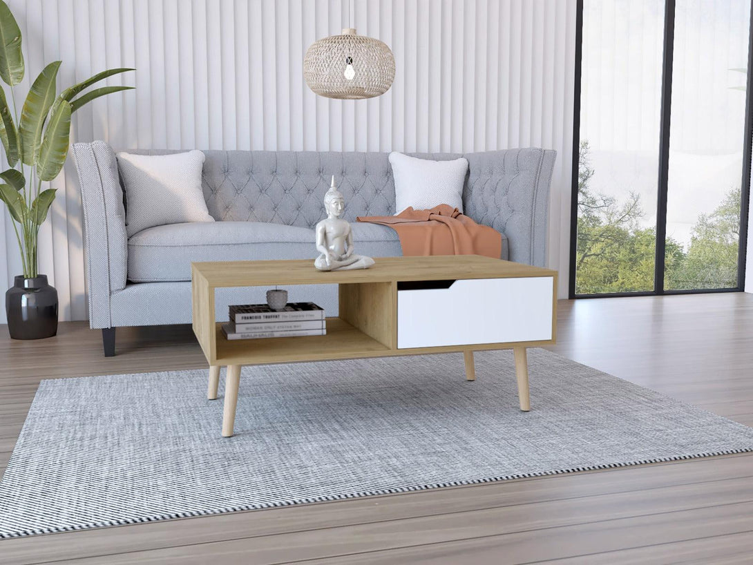 Mesa de Centro Raichel, Macadamia y Blanco, con Patas de Madera y Amplios Espacios Para Elementos Decorativos - VIRTUAL MUEBLES