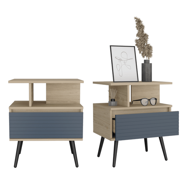 Mesa de Noche Nevis, Beige, con patas en madera X2