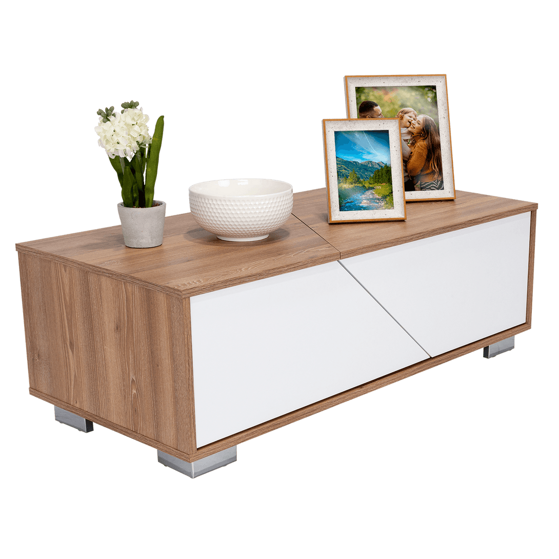 Mesa de Centro Orus, Miel y Blanco, con Cuatro Puertas y Patas En Acero - VIRTUAL MUEBLES