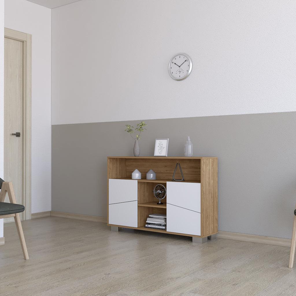 Mueble Multiusos Orus, Miel y Blanco, con Cuatro Puertas y Patas de Acero - VIRTUAL MUEBLES