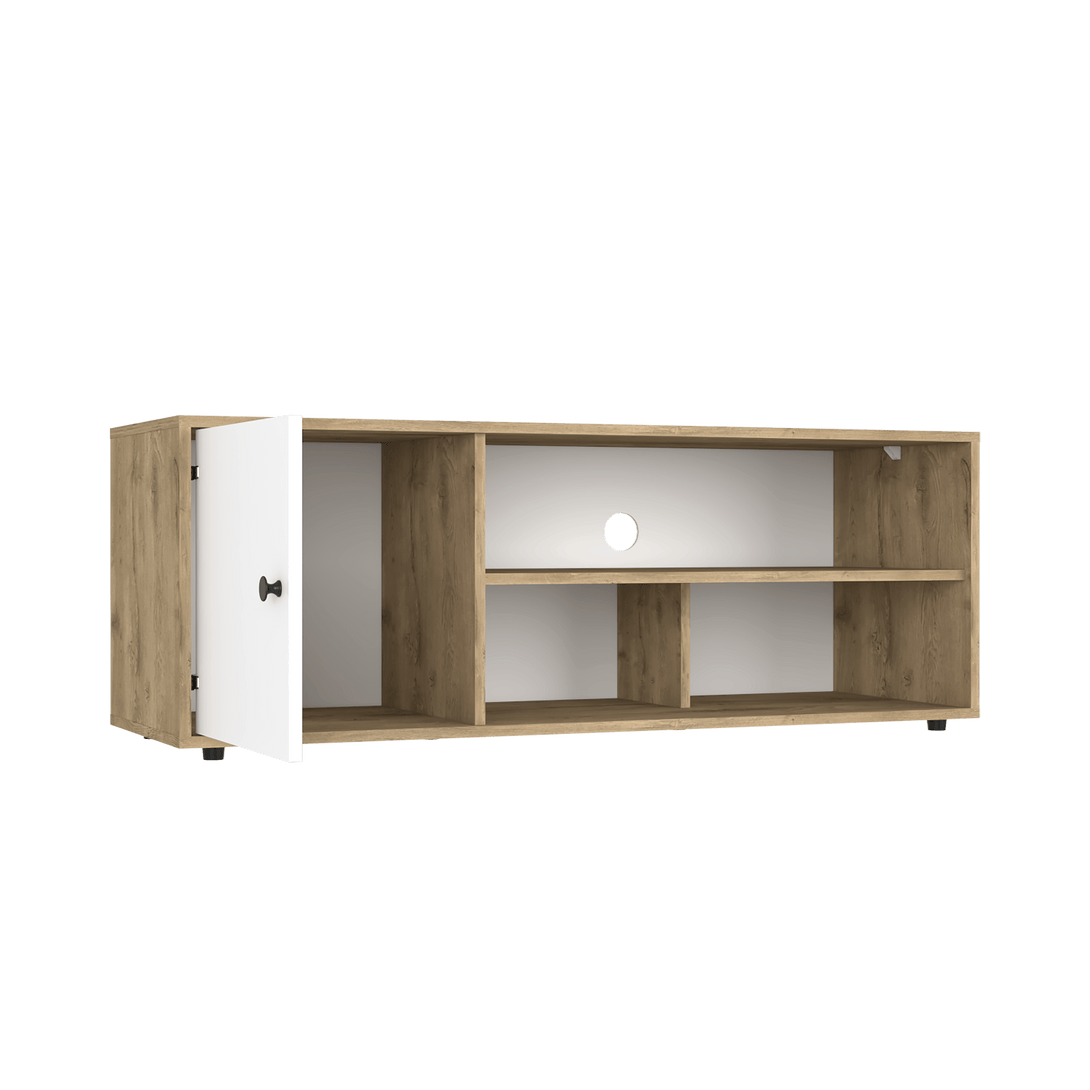 Mesa Para Tv Noah, Macadamia y Blanco Vainilla, con Variedad de Entrepaños - VIRTUAL MUEBLES